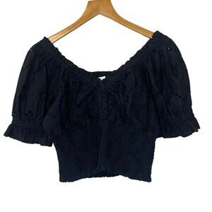 Jennifer & Grace Cottage Core Eyelet Black Short Sleeve Cotton Crop Top XS